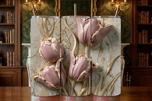 3D Dusty Pink Tulip Marble Bas-Relief: Elevating Design with Sophisticated Visual Elements