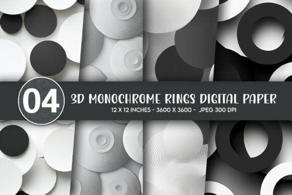3D Monochrome Rings Digital Paper for Creative and Commercial Use