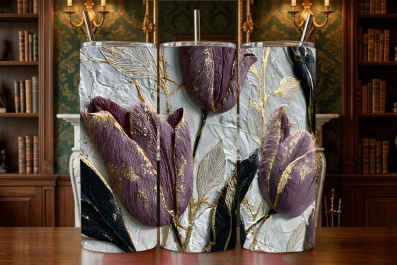 3D Textured Purple Tulips Gold: Elevate Your Custom Tumbler Designs